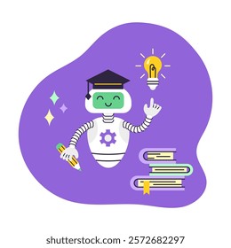 AI Robot assistant points at light bulb. There is stack of books nearby. Artificial Intelligence Virtual Assistant. Concept Data Analytics and education. Isolated vector illustration.