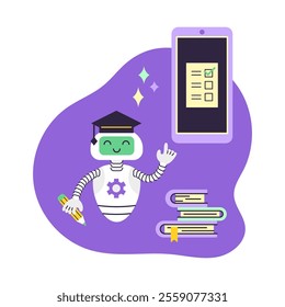 AI Robot assistant points at smartphone. There is a stack of books nearby. Distance education concept. Artificial Intelligence Virtual Assistant. Isolated vector illustration.