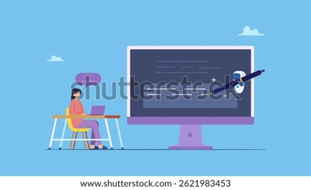 AI robot assistant writes captions for content creators, automated copywriting, Artificial intelligence creates articles, social media captions, or ads.
