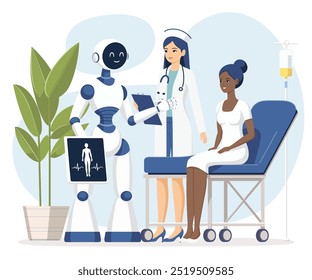 Robot de IA que asiste a médicos humanos en la atención al paciente. Escena médica moderna en el hospital. Cita de médicos en la clínica. Tecnologías cibernéticas en medicina. Inteligencia artificial. Ilustración vectorial.