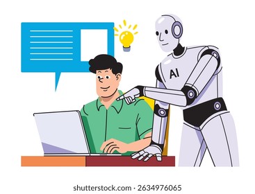 An AI robot assisting a man at a laptop, highlighting a moment of inspiration with a light bulb symbolizing creativity and collaboration.