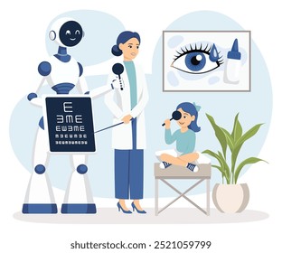 Robô da IA que auxilia o oftalmologista cuida de uma criança paciente. Moderna cena médica no hospital. Consulta de optometrista na clínica. Saúde ocular das crianças. Inteligência artificial. Ilustração vetorial.