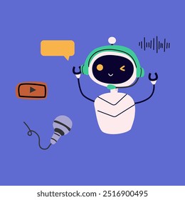 Ilustração plana do criador do podcast de áudio Ai robot. Inteligência artificial na vida. Bate-papo ou ai para ilustração vetorial de trabalho de vídeo. Robô bonito com fone de ouvido, microfone, balão de fala