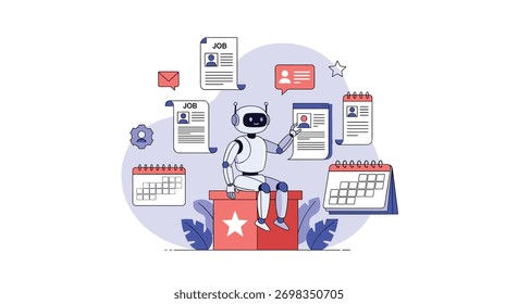 AI robot automating the HR recruitment process by screening resumes, scheduling interviews, and managing job applications.