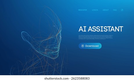 Arrière-Plan Robot AI Tech Bot Technologie Chatbot Image vectorielle Illustration filaire. Rendu futuriste numérique du visage humain sur dégradé bleu foncé. Téléchargement AI assistant de conception d'interface logicielle.