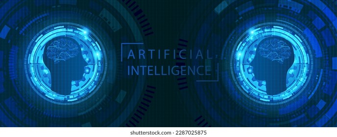 Ai robot  banner template of binary coding processing over blue background with circuit board and circle tech.Vector illustration