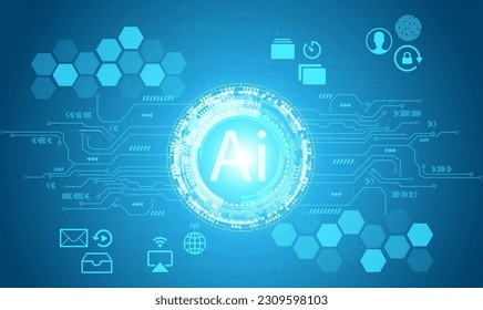 Ai robot of binary coding processing over blue background with circurit board and circle tech.Vector illustration