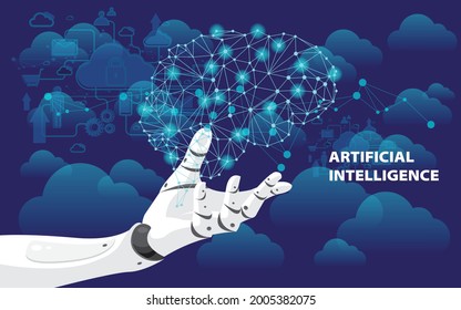 AI Robot Bionic Hand Arm With Gear Machine, Network Plexus Connection System, Data Deep Learning, Cloud Storage Computing, Global Of Artificial Intelligence, Cartoon Vector Illustration