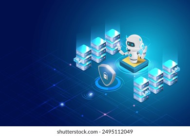 Robot de IA con cadena de bloques de almacenamiento de datos inteligente de red y protección de seguridad. Revolución y desarrollo de la tecnología de inteligencia artificial, implementación de la robótica en la búsqueda e investigación.