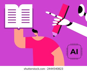 AI Robot and boy, deep in thought, makes notes in a book. Copywriter or blogger, creative idea and inspiration. Imagination for success at work. Talent and skills concept. Flat vector illustration.