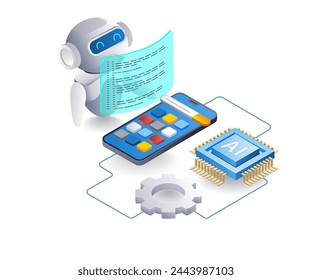 AI robot builds smartphone application, flat isometric 3d illustration