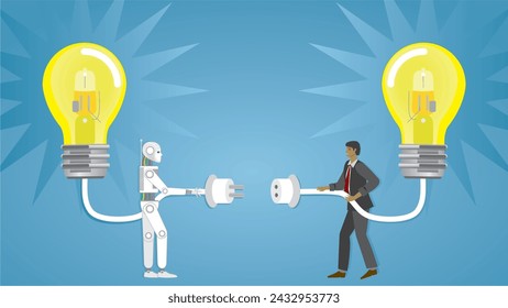 AI robot and businessman cooperation absoout idea. Dimension 16:9. Vector illustration.