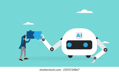 AI robot with businessman illustration with the concept of AI robots and humans solving puzzles suitable for describe AI with future of the work, work with artificial intelligence concept illustration