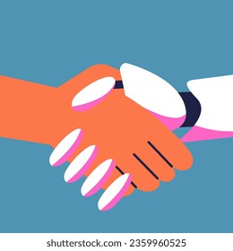 AI Robot and businessman shake hands. Cooperation of man and artificial intelligence in business. Flat vector illustration.