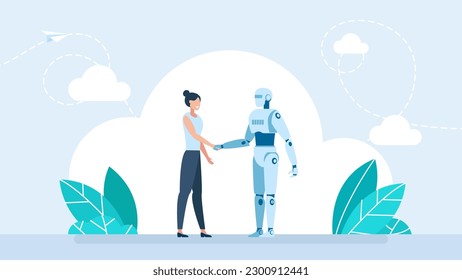 Ai robot and businesswoman handshake together. Partnership with AI. Artificial Intelligence Robot and Woman Character Shaking Hands. Cooperation with Artificial Intelligence. Vector illustration