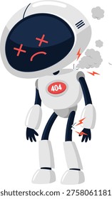 AI Robot Cartoon Character Broken With 404 Error System Failure – Vector Illustration Flat Design Isolated On Transparent Background