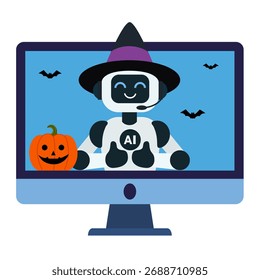 AI robot character is appearing on a computer screen, celebrating Halloween