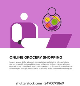 Ai Robot Character buying fresh organic fruit, vegetables in online grocery shop. Local production support concept. Flat Vector illustration.