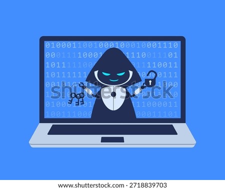 AI robot character  with encryption keys and padlock icon. Vector illustration for cybersecurity awareness, blogs, educational materials
