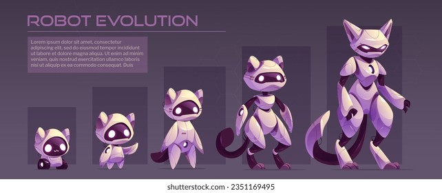 Ai robot character evolution infographic vector. Timeline futuristic innovation progress for companion machine with tail and leg. Creative cat electronic android upgrade generation and level design.