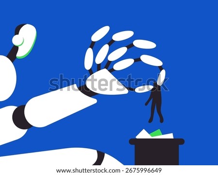 AI Robot Chat Bot arm throwing human to the trash can. Unemployment problem vector illustration.