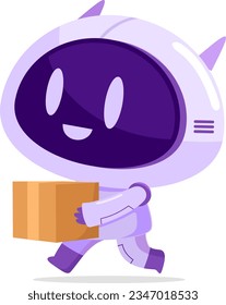 AI Robot Chat Bot Cartoon Character Delivery A Box. Vector Illustration Flat Design Isolated On Transparent Background