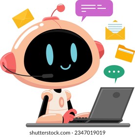 AI Robot Chat-Bot-Cartoon-Charakter-Aufruf und Chat von Laptop aus. Vektorgrafik-Flachdesign einzeln auf transparentem Hintergrund