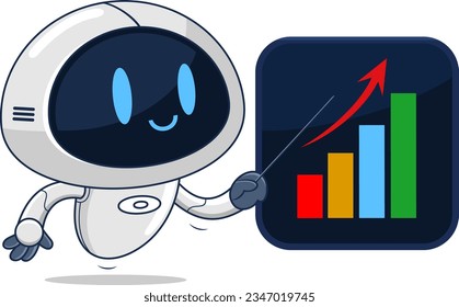 AI Robot Chat Bot Cartoon Character Pointing To A Growth Chart On A Board. Vector Hand Drawn Illustration Isolated On Transparent Background - Powered by Shutterstock - Get 15% off with code: PIKWIZARD15