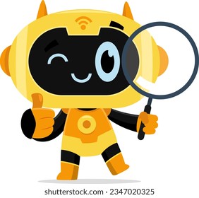 AI Robot Chat Bot Cartoon Character Looking Through A Magnifying Glass. Vector Illustration Flat Design Isolated On Transparent Background