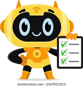 AI Robot Chat Bot Cartoon Character Holding Checklist En El Portapapeles. Diseño Plano De Ilustración Vectorial Aislado En Fondo Transparente