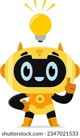 AI Robot Chat Bot Cartoon Character Having A Bright Idea With A Light Bulb. Vector Illustration Flat Design Isolated On Transparent Background