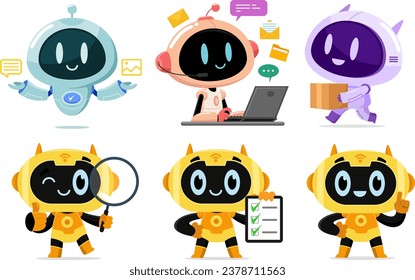 AI Robot Chat Bot Cartoon Characters. Vector Flat Design Collection Set Isolated On Transparent Background