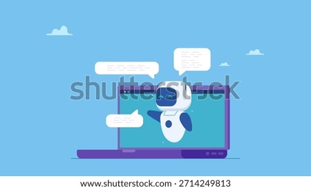 AI Robot or chatbot on computer help answer question. AI Chatbot assistance, Artificial Intelligence robot help solving problem support, chat conversation message, advice or discussion.