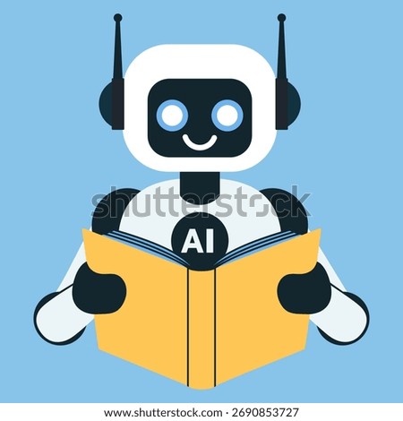 AI robot, chatbot reading a book illustration isolated on blue background