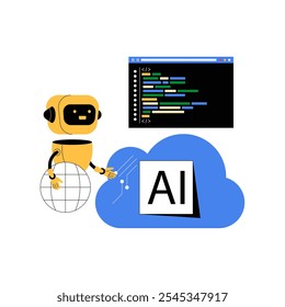 AI Robot With Cloud Technology And Coding Screen In Flat Vector Illustration Symbolizing Artificial Intelligence, Data Processing, And Machine Learning, Isolated On White Background.