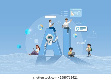 AI robot communicate with users searching data and develop smart solution in business, education and entertainment. Smart working with artificial intelligence innovation technology. Vector. 