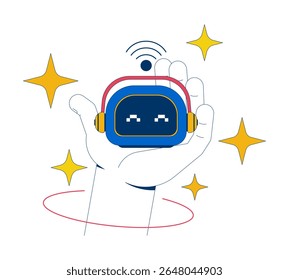 conceito de ilustração 2D do robô da IA. Brinquedo robótico animal de estimação de inteligência artificial avançada. Smart AI assistente com fones de ouvido composição de desenhos animados isolado no branco. Metáfora vetorial abstrata plana
