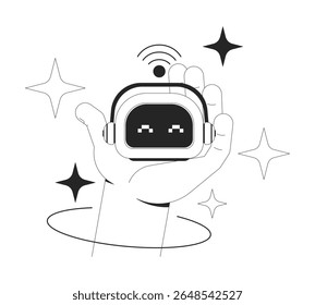 conceito de ilustração de linha de companheiro robô AI. Brinquedo robótico animal de estimação de inteligência artificial avançada. Assistente Inteligente AI com fones de ouvido delinear composição 2D isolado. Arte vetorial de metáfora linear de tinta