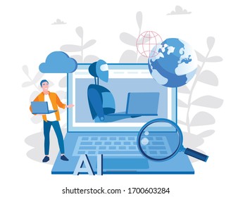AI robot in computer.  Vector illustration for web banner, infographics, mobile. 