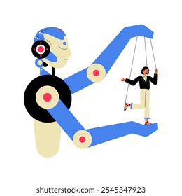 Robô AI Controlando Fantoche Humano Em Ilustração De Vetor Plano Simbolizando Manipulação, Controle Humano E Dominância Tecnológica, Isolado Em Fundo Branco.