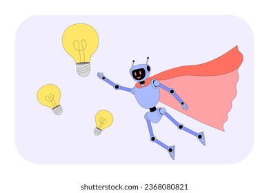 AI robot creating many ideas concept. Flying robot. Artificial intelligence. Cyberg superhero. Humanoid cartoon mascot. Super hero cloak. Business achievement, success. Machine learning. Powered by AI