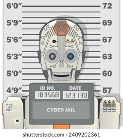 Robot criminal en fotografía policial con disparo de arma de fuego, ilustración vectorial