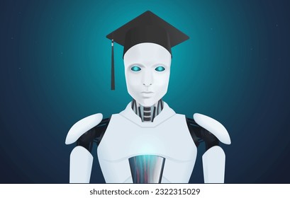 AI robot or cyborg with a Graduation cap on the head. Illustration about AI learning or artificial intelligence, machine learning like the smart student and achieve. 