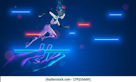 AI Robot cyborg running on screen smartphone in hand. Cybernetic girl accelerates in cyberspace. Artificial intelligence, neural networks, 5g internet speeds up phone. Flying Hi-speed internet signals