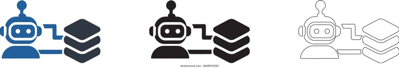 AI Robot Data Processing Icon Set with Artificial Intelligence Agent and Layered Database Stack in Blue, Black and Outline Vector Styles