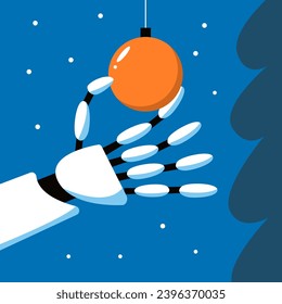 AI Robot decorates the Christmas tree. Artificial intelligence at the New Year's party. Flat vector illustration.