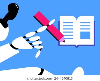 AI Robot, deep in thought, makes notes in a book. Copywriter or blogger, creative idea and inspiration. Imagination for success at work. Talent and skills concept. Flat vector illustration.