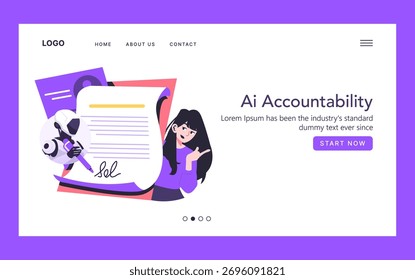 AI robot depicted signing a document, symbolizing AI accountability. A woman gestures towards the action, highlighting collaboration. Vector illustration for modern design contexts.