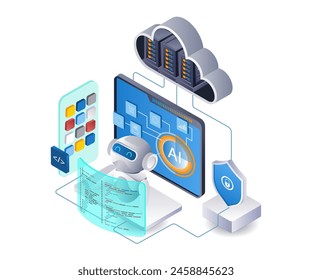 AI robot desarrolla tecnología de App de smartphones infografía plana isométrica 3d ilustración