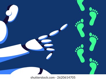 AI Robot and Digital trace. Biometric identity protection. Investigations and traces. Footprint tracking chip. Hi-tech technologies. Flat vector illustration.